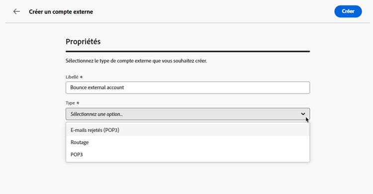 Capture décran montrant les champs permettant de saisir le libellé et de sélectionner le type de compte externe.