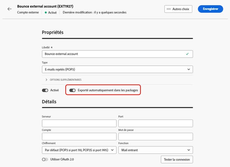 Capture d’écran montrant l’option permettant d’activer l’exportation automatique dans les packages.