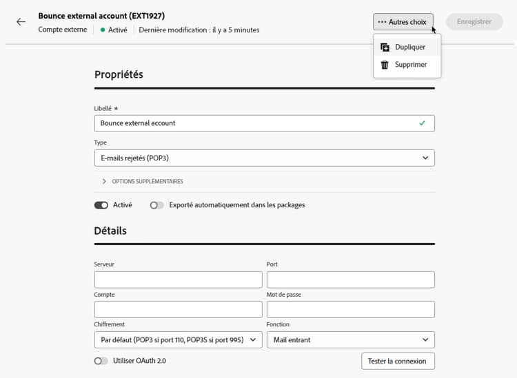 Capture d’écran montrant le menu Plus avec des options pour dupliquer ou supprimer le compte externe.