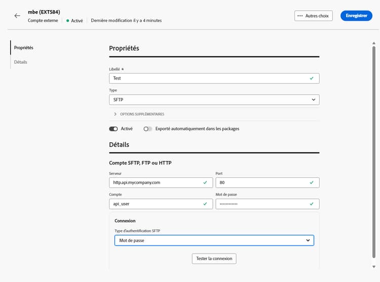 Copie d’écran montrant les champs de configuration du compte externe HTTP.
