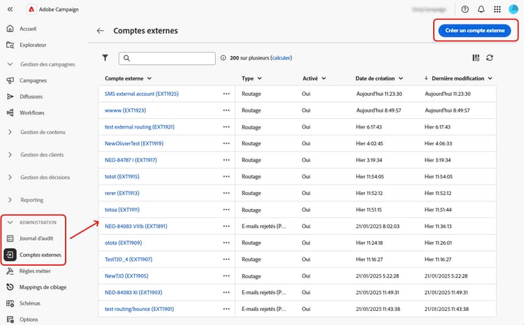 Capture d’écran montrant l’option de création d’un compte externe dans l’interface utilisateur web.