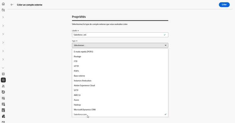 Copie d’écran montrant les champs de configuration du compte externe Salesforce.