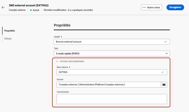 Capture d’écran montrant des options supplémentaires pour la configuration du nom interne et du chemin de dossier.