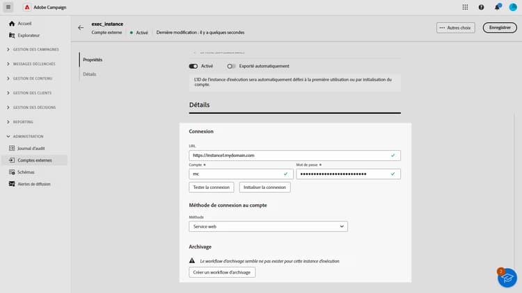 Capture décran montrant les champs de configuration du compte externe de linstance dexécution.