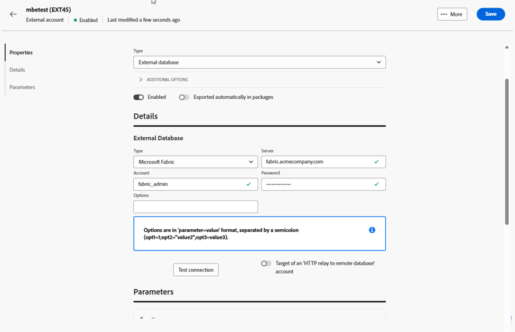 Copie d’écran montrant les champs de configuration du compte externe Microsoft Fabric.