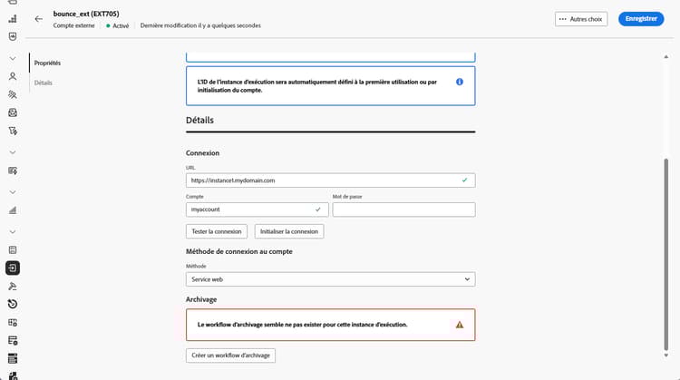 Capture décran montrant les champs de configuration du compte externe de linstance dexécution.