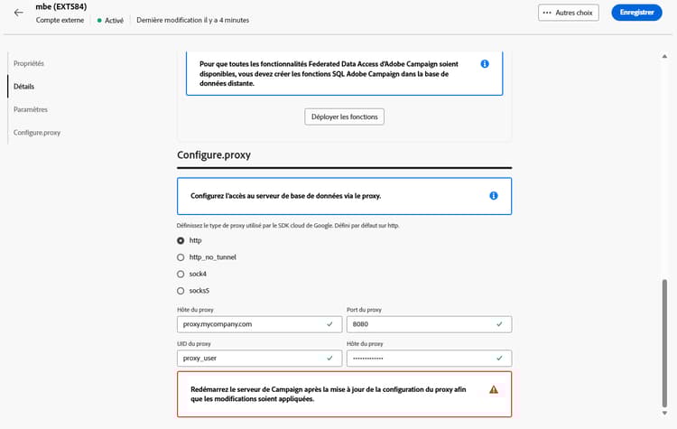 Copie d’écran montrant les champs de configuration du compte externe Google BigQuery.