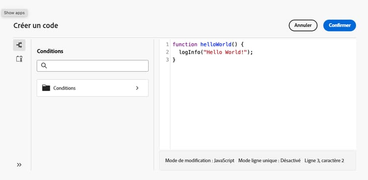 Interface de l’éditeur de code JavaScript affichant des fonctions prédéfinies