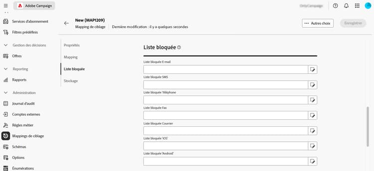 Section de Liste bloquée affichant la sélection d’attributs