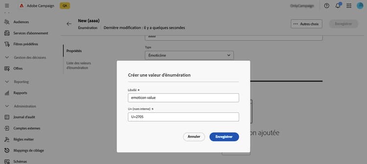 Écran Ajouter une valeur montrant les champs libellé, nom interne et code unicode