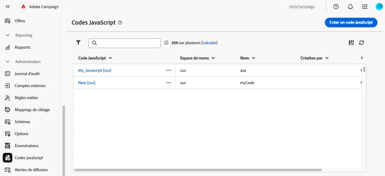 Interface de liste de codes JavaScript affichant les options disponibles