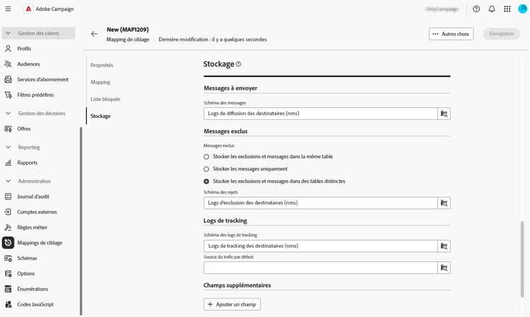 Section Stockage présentant les options du tableau pour les logs