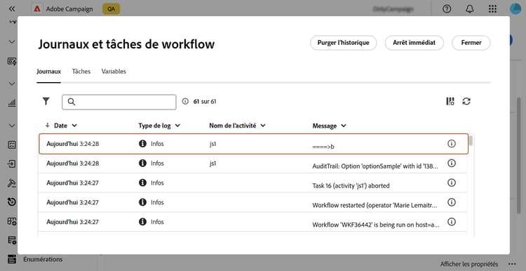 Logs de workflow montrant la valeur mise à jour de l’option personnalisée