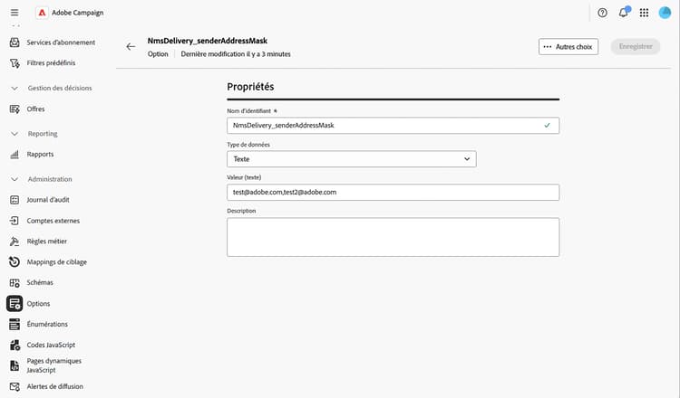 Option permettant de restreindre les valeurs dans le menu De