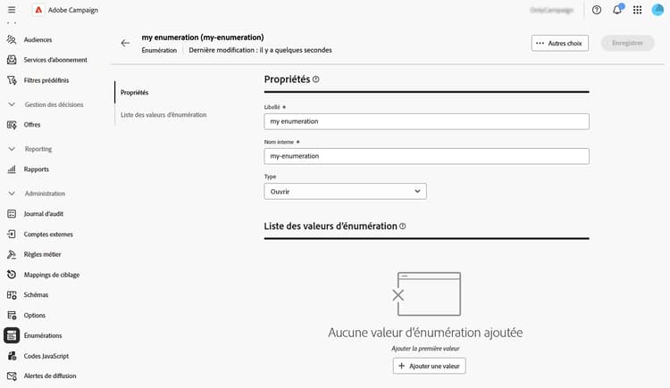 Écran des détails de l’énumération montrant les options d’ajout de valeurs