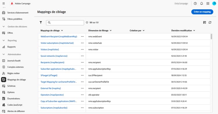 Écran de la liste des mappings de ciblage affichant les mappings disponibles