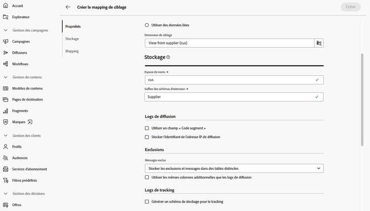Exemple d’options de stockage pour les nouvelles dimensions de ciblage