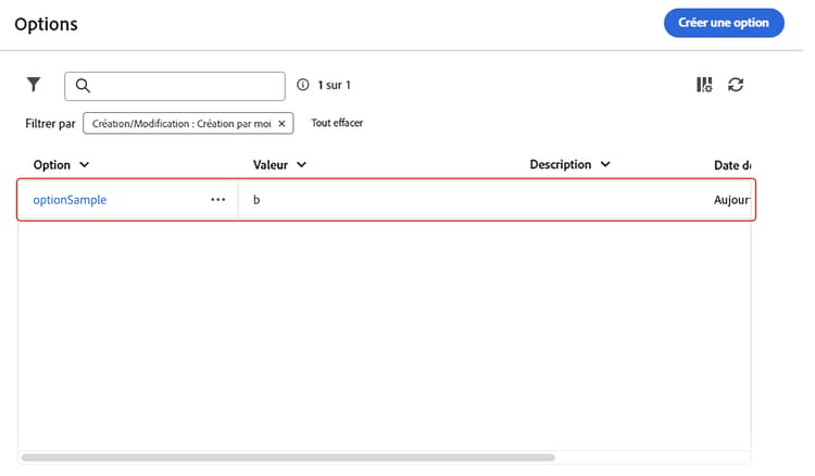 Menu Options montrant la valeur mise à jour de l’option personnalisée