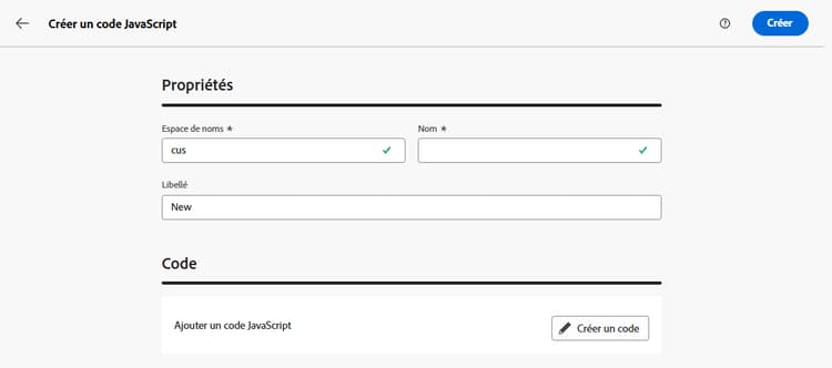 Interface de création de code JavaScript affichant les champs d’espace de noms, de nom et de libellé