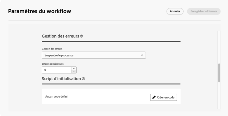 Interface du script d’initialisation du workflow présentant l’option de création de code