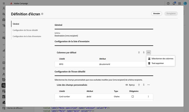 Configuration de colonnes de liste