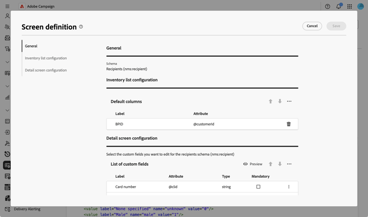 Section Définition d’un écran Général
