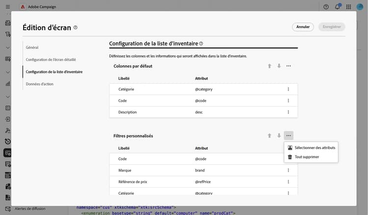 Sélection des filtres personnalisés