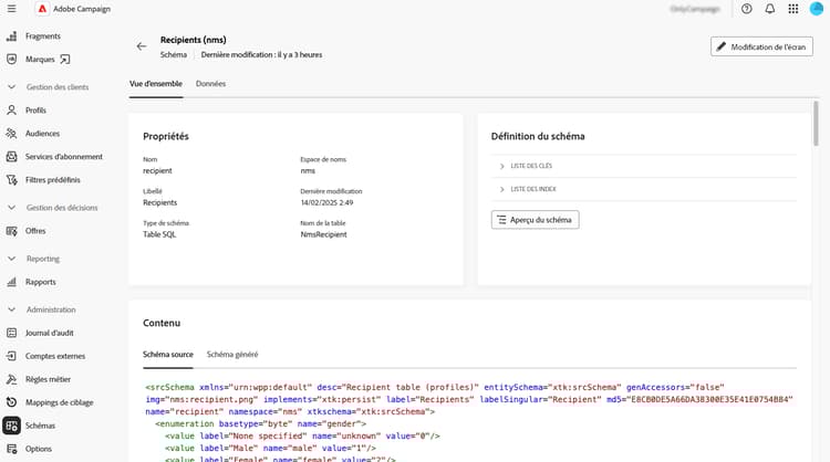Écran de détails du schéma affichant les propriétés et le contenu du schéma