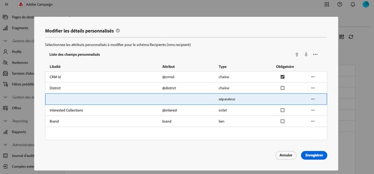 Capture d’écran affichant la configuration d’un séparateur