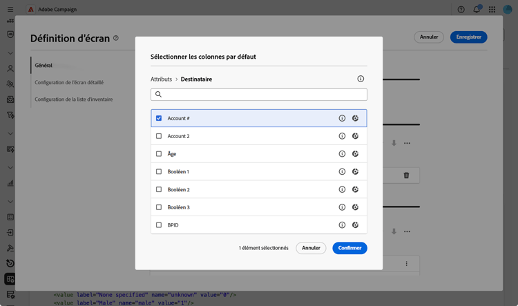 Configuration de colonnes de liste