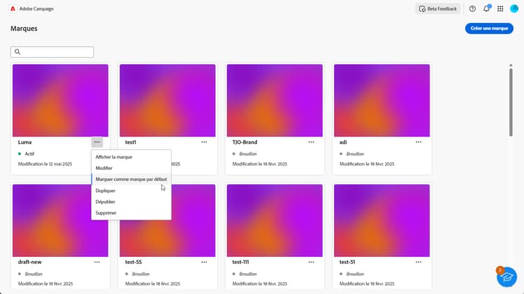 Options de menu avancées dans le tableau de bord Marques
