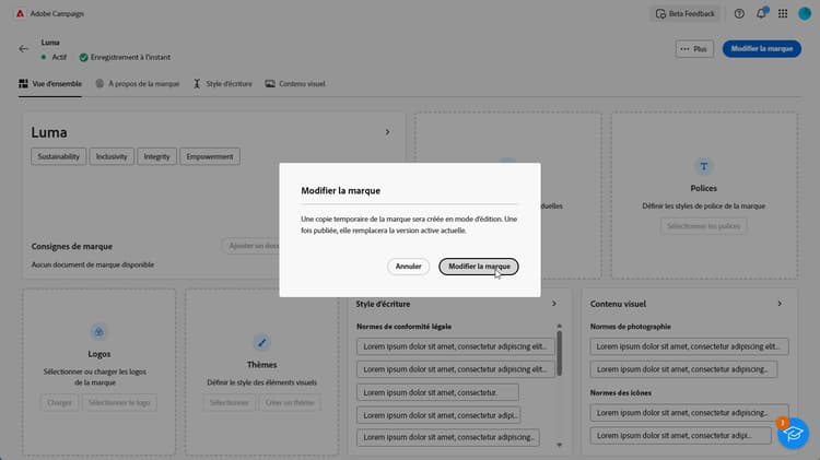 Option Modifier la marque dans le menu Marques