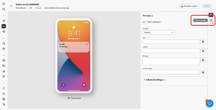 Copie d’écran affichant le menu Afficher l’assistant IA