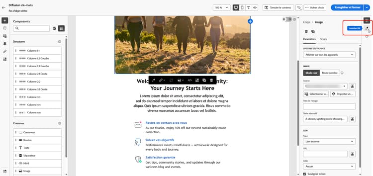 Capture d’écran montrant la sélection du composant de texte dans Adobe Campaign Web