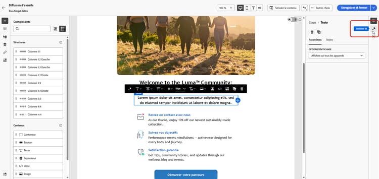 Capture d’écran montrant la sélection du composant de texte dans Adobe Campaign Web