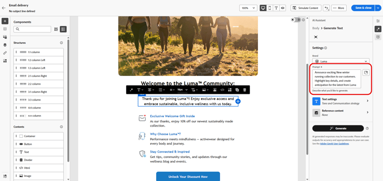 Capture d’écran montrant la bibliothèque de prompts dans Adobe Campaign Web