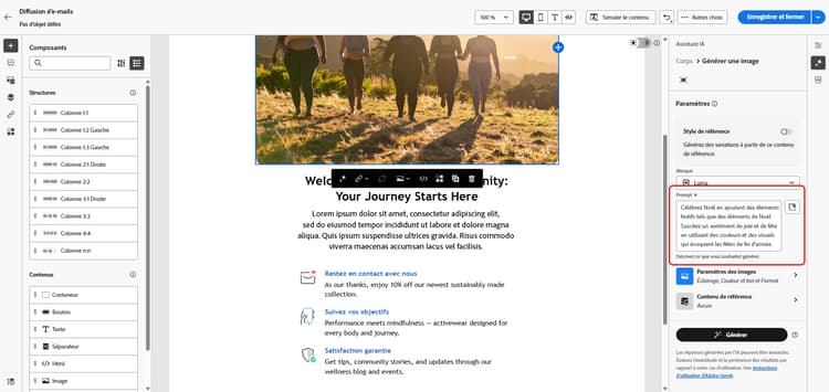Capture d’écran montrant la bibliothèque de prompts pour la génération d’images dans Adobe Campaign Web