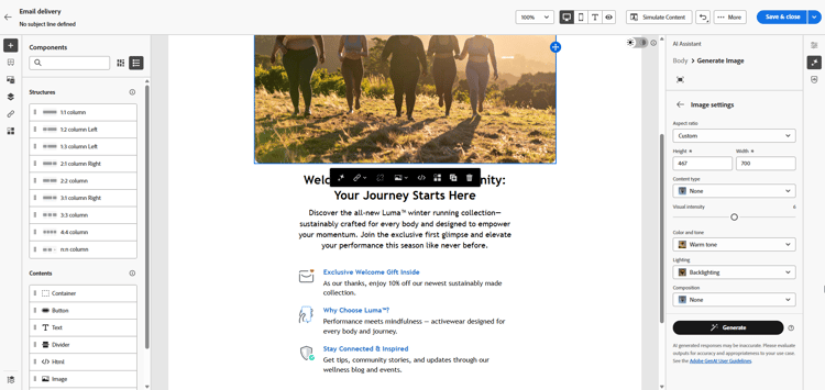 Capture d’écran montrant les options de paramètres d’image dans Adobe Campaign Web