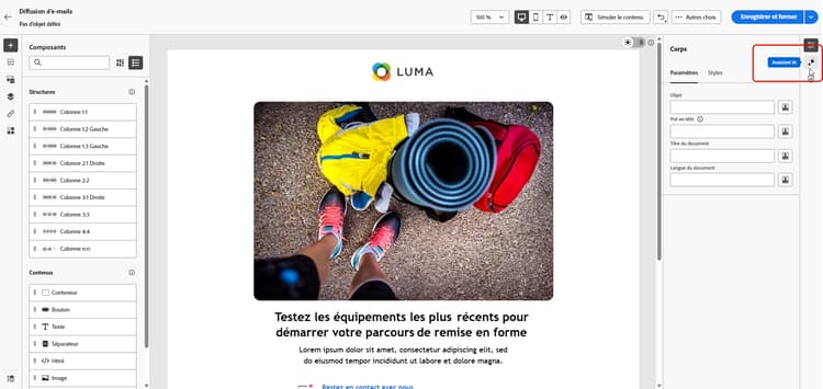 Panneau Assistant IA affichant la sélection de la marque et le champ du prompt