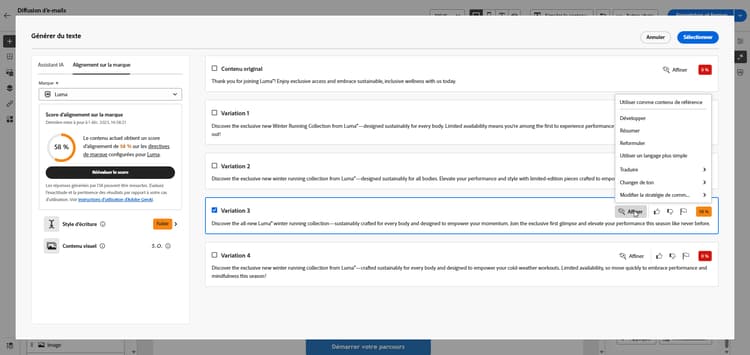 Capture d’écran affichant les options d’affinement dans Adobe Campaign Web