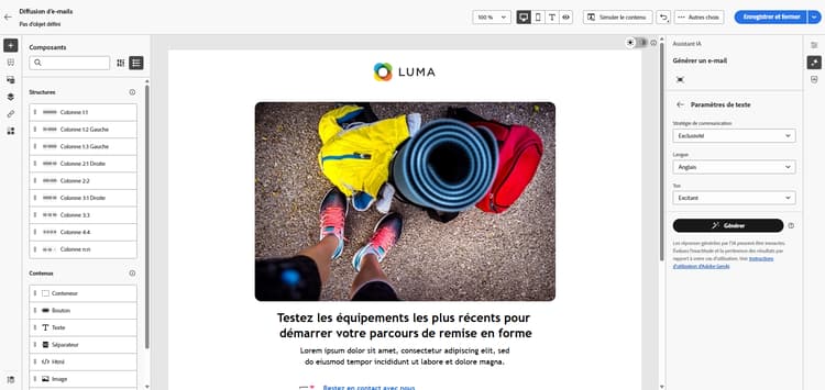 Capture d’écran affichant les options de paramètres de texte dans Adobe Campaign Web