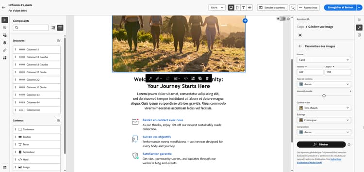 Capture d’écran montrant les options de paramètres d’image dans Adobe Campaign Web