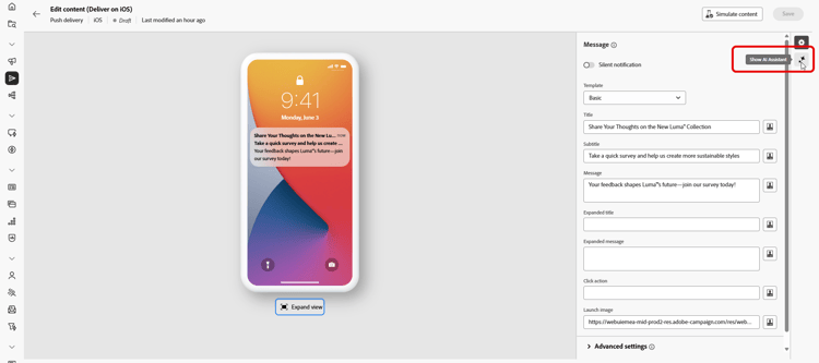 Copie d’écran affichant le menu Afficher l’assistant IA