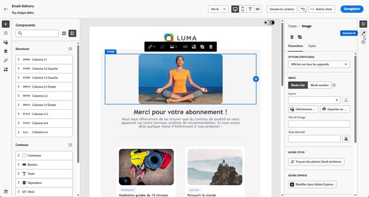 Capture d’écran montrant le menu Assistant IA pour la génération d’images dans Adobe Campaign Web