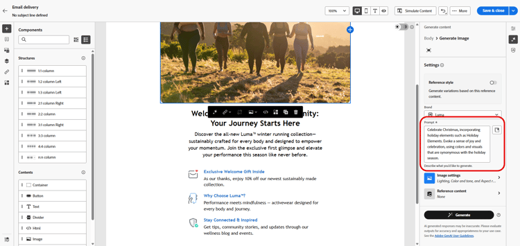 Capture d’écran montrant la bibliothèque de prompts pour la génération d’images dans Adobe Campaign Web