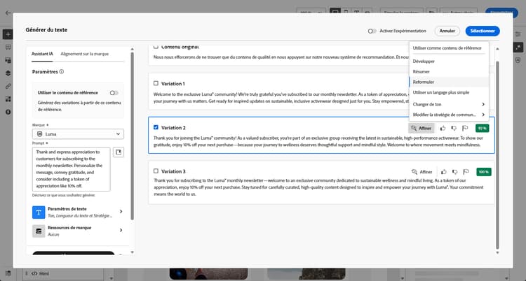 Capture d’écran affichant les options d’affinement dans Adobe Campaign Web