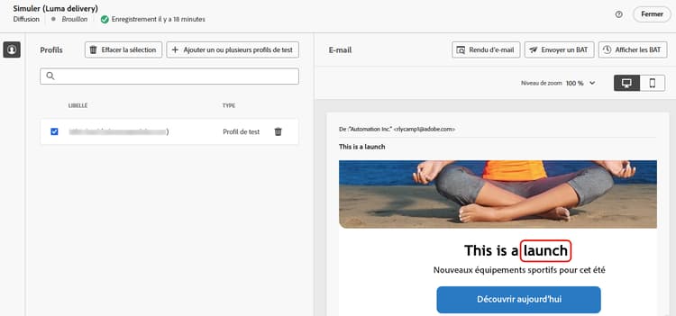 Capture d’écran montrant la simulation du contenu avec la variable deliveryType