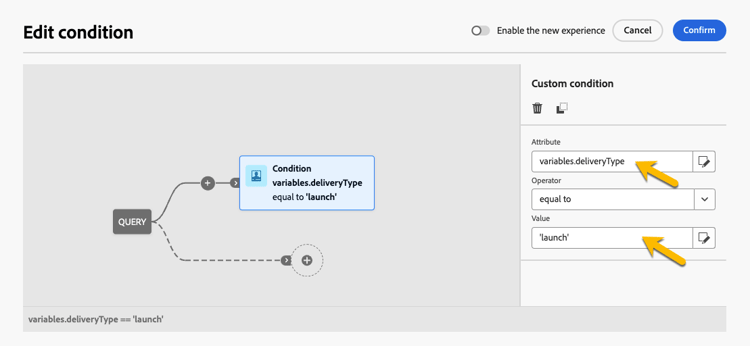 Capture d’écran montrant une condition utilisant une variable avec la valeur« launch ».