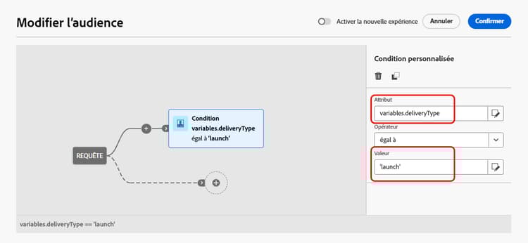 Capture d’écran montrant une condition utilisant une variable avec la valeur« launch ».