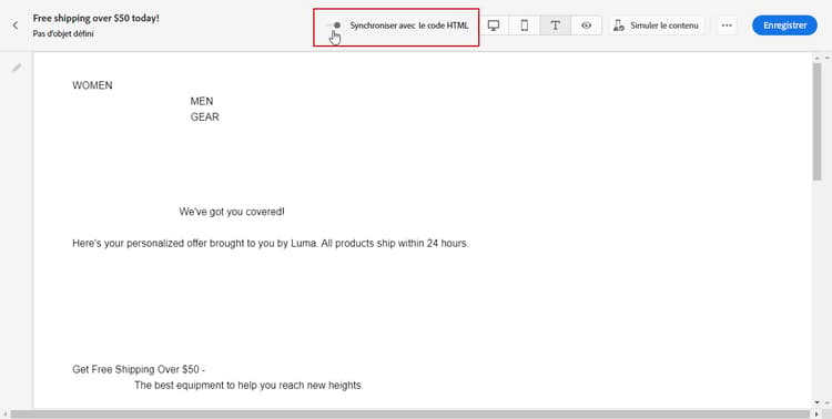 Capture d’écran montrant le bouton bascule Synchroniser avec le code HTML dans l’onglet Texte brut.